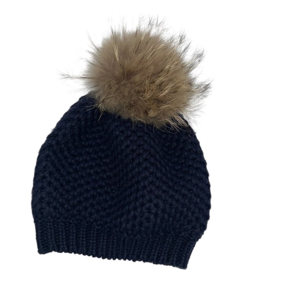 3NY navy blue waffle wool real fur pom pom knit hat beanie